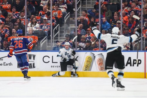 Utah Mammoth's Logan Cooley (92) celebrates a goal against the Edmonton Oilers during second period NHL hockey action in Edmonton on Thursday, Oct. 15, 2026. THE CANADIAN PRESS/Codie McLachlan