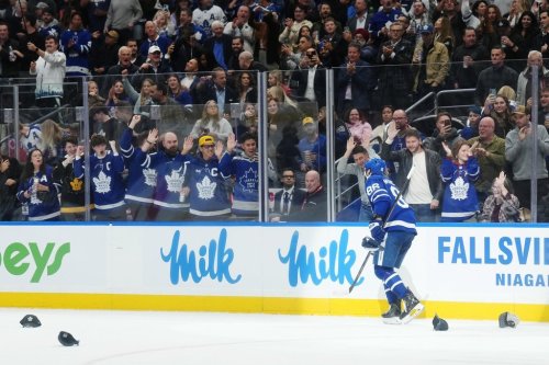 Toronto Maple Leafs' Kirill Marchenko (86) celebrates his hat trick goal against the Buffalo Sabres during second period NHL hockey action in Toronto on Thursday, Oct. 15, 2026. THE CANADIAN PRESS/Nathan Denette