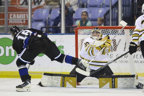 Brandon Wheat Kings goalie Filip Ruzicka (30) comes across the net to deny Victoria Royals forward Filip Novak (18) with his pad in the third period as the visiting Wheat Kings earned a 6-2 victory during Western Hockey League action at Save-On-Foods Memorial Centre on Sunday. (Kevin Light/Victoria Royals)