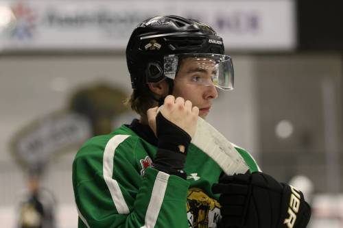 Alberta forward Hudson Landmark, shown at a Brandon Wheat Kings practice earlier this season, is looking to become one of the rare players making their debuts and sticking in the Western Hockey League at 19. (Perry Bergson/The Brandon Sun)