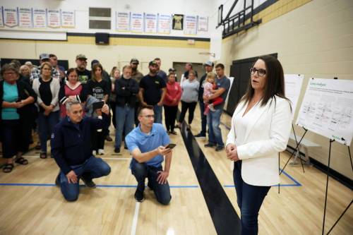 Jodie Byram, Progressive Conservative MLA for Agassiz, speaks to attendees at a community engagement meeting at Carberry Collegiate in June 2025. Byram initiated a confidence vote against PC Leader Obby Khan last week. Khan won the vote but resigned a few days later, citing continued efforts to undermine him by a minority of MLAs. (Tim Smith/The Brandon Sun)