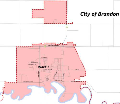 A map showing the boundaries of Ward 1. (City of Brandon)