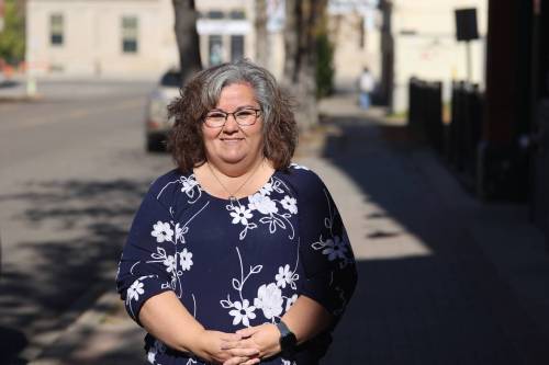 Brandon School Division trustee Shawna Mozdzen stands in front of Chez Angela on Saturday afternoon. (Abiola Odutola/The Brandon Sun)