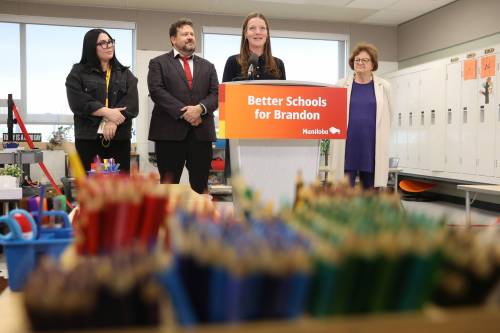 Education Minister Tracy Schmidt speaks during a press conference at Maryland Park School to announce the opening of the school expansion on Friday. The expansion increases the school capacity to 900 and adds 14 classrooms, including a new science room. (Tim Smith/The Brandon Sun)