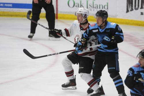 Virden Oil Capitals forward Tyson Draper battles with Talon Hogg in front of the Winnipeg Blues&rsquo; net. He scored the second goal of the game in a 6-1 win for Virden on Saturday at Tundra Oil & Gas Place. (Rowan McCarthy/The Brandon Sun)