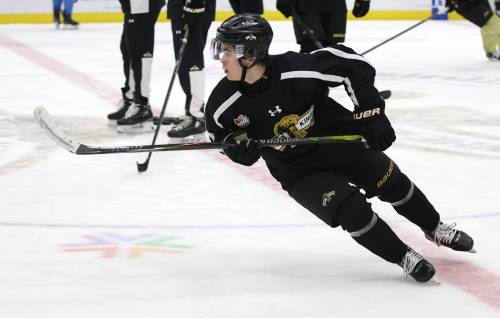 Brandon Wheat Kings rookie defenceman Cruz Jim will play with Canada White at the U17 World Hockey Challenge in Ontario next month. The smooth-skating blue-liner is shown during practice on Friday at Assiniboine Credit Union Place. (Perry Bergson/The Brandon Sun)
                                Oct. 16, 2026