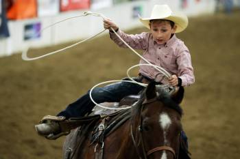 Lawson Dalgliesh of Virden competes in the junior high boys&rsquo; breakaway event at the Brandon High School Indoor Rodeo at the Keystone Centre on Thursday.