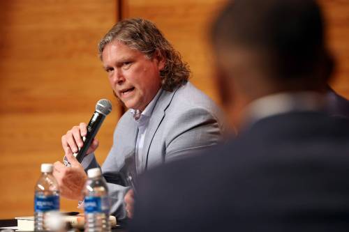 Brandon mayoral candidate Jeff Fawcett speaks while taking part in a debate with fellow candidate Len Isleifson at Brandon University&rsquo;s Lorne Watson Recital Hall on Friday evening. (Photos by Tim Smith/The Brandon Sun)