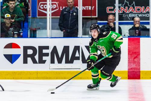 Prince Albert Raiders forward Owen Corkish carries the puck during a Western Hockey League game at the Art Hauser Centre against the Moose Jaw Warriors on Oct. 16. The one-time Brandon Wheat Kings prospect now has a younger brother who is in the team's plans. (Mark Peterson/Prince Albert Raiders)
                                Oct. 20, 2026