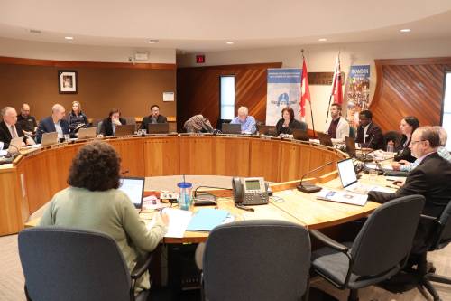 The Brandon School Division board of trustees is shown during a regular meeting in April 2023. Shannon D.M. Moore and Melanie Janzen encourage voters to learn more about trustee candidates in their school division and ward before filling out a ballot. (The Brandon Sun files)