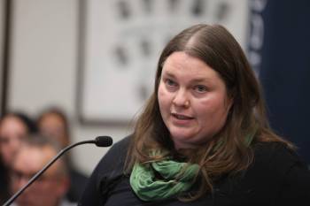 Brandon resident Jennifer Mateer speaks at Monday evening&rsquo;s city council meeting. Mateer, who lives near the safe space, was pleased with council&rsquo;s decision, saying it would allow more time to gather information. (Alex Lambert/The Brandon Sun)