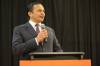 Premier Wab Kinew speaks during the NDP&rsquo;s Westman Gala in Brandon on Thursday evening. Kinew said the party&rsquo;s Westman candidates will &ldquo;try and repeat the magic&rdquo; of last year&rsquo;s Spruce Woods byelection, when NDP candidate Ray Berthelette came within 70 votes of Progressive Conservative Colleen Robbins in a traditionally PC area. (Alex Lambert/The Brandon Sun)
