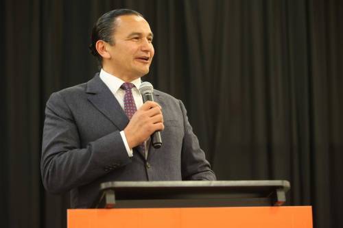 Premier Wab Kinew speaks during the NDP&rsquo;s Westman Gala in Brandon on Thursday evening. Kinew said the party&rsquo;s Westman candidates will &ldquo;try and repeat the magic&rdquo; of last year&rsquo;s Spruce Woods byelection, when NDP candidate Ray Berthelette came within 70 votes of Progressive Conservative Colleen Robbins in a traditionally PC area. (Alex Lambert/The Brandon Sun)