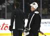 Ethan Berard listens to Brandon Wheat Kings goaltending coach Tyler Plante during practice on Friday at Assiniboine Credit Union Place. Berard was brought in from the Saskatchewan Junior Hockey League&rsquo;s Weyburn Red Wings because backup Ryley Budd is still battling a lower-body injury. (Perry Bergson/The Brandon Sun) Oct. 16, 2026