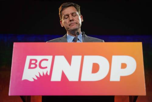 B.C. NDP Leader David Eby resigns in a speech to supporters on election night, in Vancouver, on Saturday. (The Canadian Press)