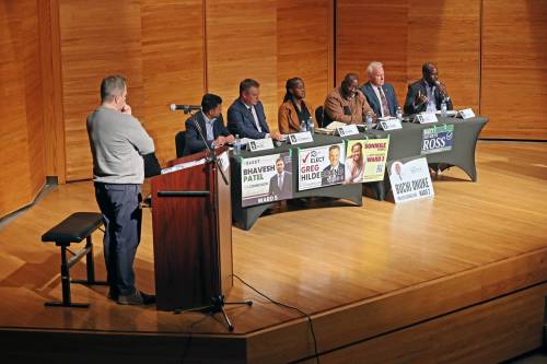 Candidates in Ward 2 and Ward 5 take part in a Brandon city council debate at Brandon University's Lorne Watson Recital Hall on Oct. 14. Brandon University professor Jennifer Mateer writes that we shouldn't restrict local candidates from using artificial intelligence, but adds that 