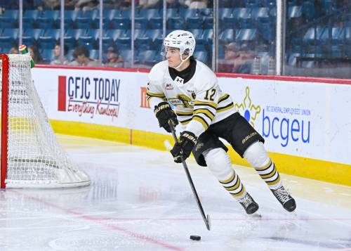 Brandon Wheat Kings defenceman Nigel Boehm (12), shown skating with the puck during a Western Hockey League game against the Kamloops Blazers at Sandman Centre on Oct. 7, has embraced the role of blocking shots. (Brian Johnson/Kamloops Blazers)