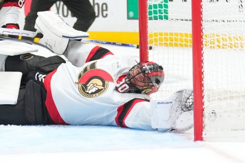 Ottawa Senators goaltender Jonas Johansson can't reach a puck shot by Los Angeles Kings right wing Joel Armia during the second period of an NHL hockey game Thursday, Oct. 29, 2026, in Los Angeles. (AP Photo/Mark J. Terrill)