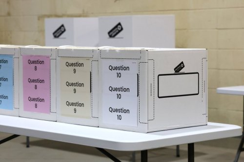 Voter ballot boxes to be used for the 2026 Alberta referendum in Edmonton on Thursday, Sept. 3, 2026. THE CANADIAN PRESS/James Maclennan