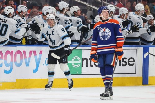 Utah Mammoth's Clayton Keller (9) celebrates a goal against the Edmonton Oilers during second period NHL hockey action in Edmonton on Thursday, Oct. 15, 2026. THE CANADIAN PRESS/Codie McLachlan