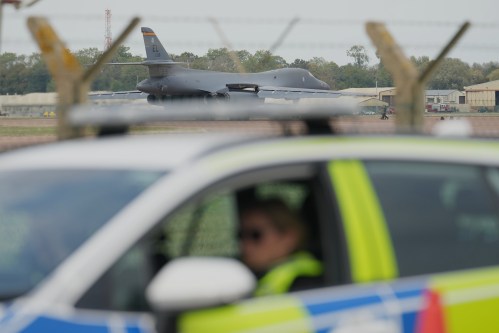 A B1 bomber prepares to take off as police officers man a checkpoint near RAF Fairford airbase, in Fairford, England Tuesday, Sept. 29, 2026. THE CANADIAN PRESS/AP-Alastair Grant
