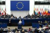 European Commission President Ursula von der Leyen delivers a speech with Prime Minister Mark Carney, right, at the annual State of the European Union at the European Parliament in Strasbourg, France on Wednesday, Sept. 16, 2026. (AP Photo/Pascal Bastien)