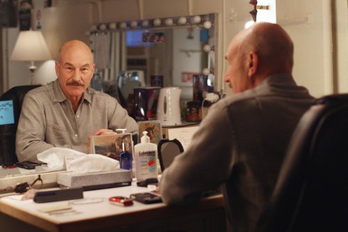 FILE - Patrick Stewart poses in his dressing room at the Lyceum Theater in New York on Tuesday, April 1, 2008, where he is starring in a production of 