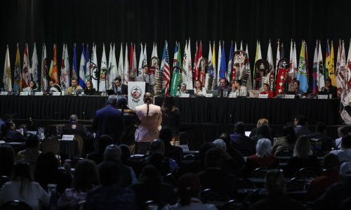 Assembly of First Nations (AFN) chiefs listen to delegates as they speak about resolutions at their Annual General Assembly in Winnipeg, Wednesday, Sept. 3, 2025. THE CANADIAN PRESS/John Woods
