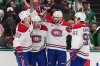 Montréal Canadiens' Chris Kreider (22), Alex Newhook (15), Noah Dobson (53) and Oliver Kapanen (91) celebrate after Newhook scored against the Dallas Stars in the second period of an NHL hockey game in Dallas, Thursday Oct. 29, 2026. (AP Photo/Tony Gutierrez)