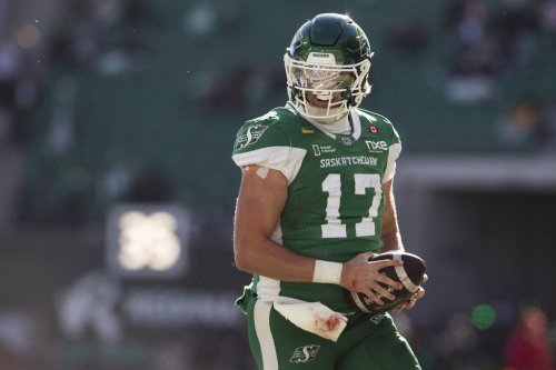 Saskatchewan Roughriders quarterback Tommy Stevens (17) scores a touchdown against the Edmonton Elks during first half CFL football action in Regina on Saturday, Oct. 24, 2026. THE CANADIAN PRESS/Kayle Neis