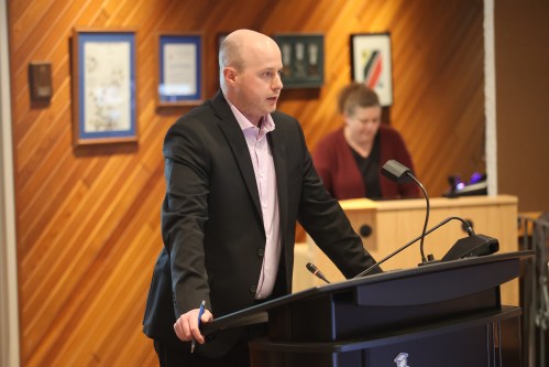 BDO Canada LLP manager Jarett Kowaluk presents an audit of the Brandon School Division's financial statements to the school board on Monday evening. (Abiola Odutola/The Brandon Sun)