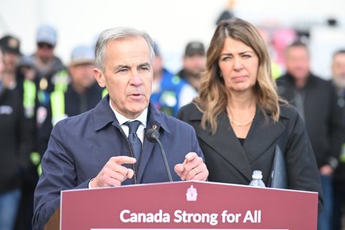 Prime Minister Mark Carney speaks at a press conference alongside Alberta Premier Danielle Smith in Fort McMurray on Thursday, Oct. 1, 2026. THE CANADIAN PRESS/Greg Halinda