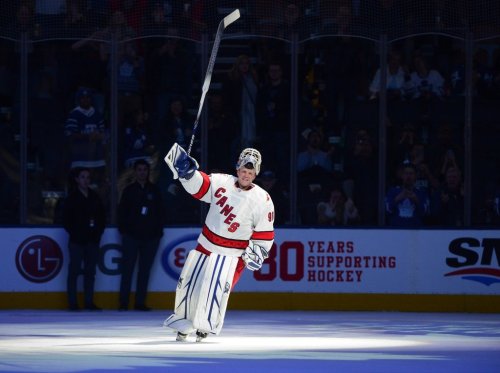 Emergency backup goaltender David Ayres is named the game's first star after helping the Carolina Hurricanes defeat the Maple Leafs 6-3 in Toronto on Saturday, Feb. 22, 2020. THE CANADIAN PRESS/Frank Gunn