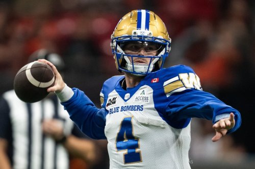 Winnipeg Blue Bombers quarterback Dru Brown (4) throws the ball against the B.C. Lions during the second half of a CFL football game, in Vancouver, on Friday, Oct. 23, 2026. THE CANADIAN PRESS/Ethan Cairns