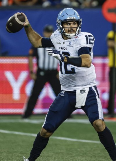 Toronto Argonauts quarterback Chad Kelly (12) throws the ball during first-half CFL action against the Winnipeg Blue Bombers in Winnipeg on Friday, Sept. 25, 2026. THE CANADIAN PRESS/John Woods