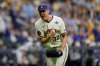 Milwaukee Brewers pitcher Jacob Misiorowski celebrates after the second inning of Game 1 of baseball's World Series, Friday, Oct. 23, 2026, in Milwaukee, between the Milwaukee Brewers and the Tampa Bay Rays. (AP Photo/Ashley Landis)