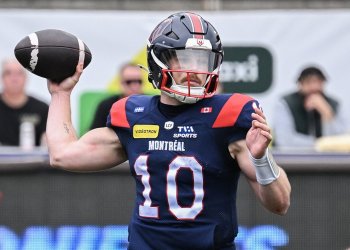 Montreal Alouettes quarterback Davis Alexander throws a pass during first half CFL football action against the Saskatchewan Roughriders in Montreal, on Monday, Oct. 12, 2026. THE CANADIAN PRESS/Graham Hughes